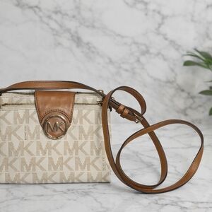 Michael Kors Cream and Brown MK Logo Crossbody Bag